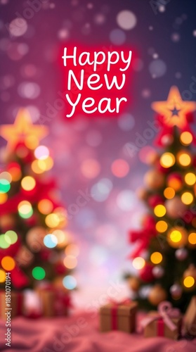 Festive wallpaper background with soft focus, hazy effects, and a neon 'Happy New Year' sign, with copy space