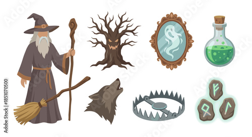 Wizard and magic items cartoon illustration set