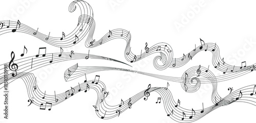 Abstract Musical Notes and Staff Lines Woven into a Dynamic Visual Composition