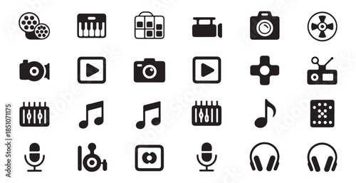 Collection of audio player interface elements with sound waves and control buttons