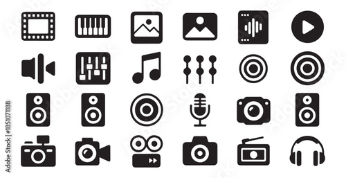 Audio player interface elements set on white background with sound wave and playback buttons