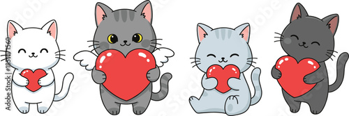 Flat Cartoon Cat Vector Set with Heart Shape for Valentine Love and Cute Animal Designs