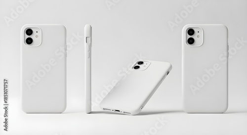 Multiple white smartphone devices with dual and triple camera lenses on display