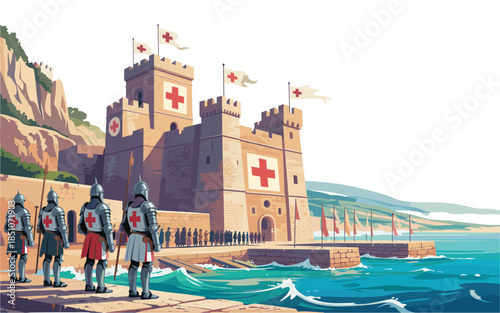 Medieval Red Cross knights standing guard at a fortified castle by the sea