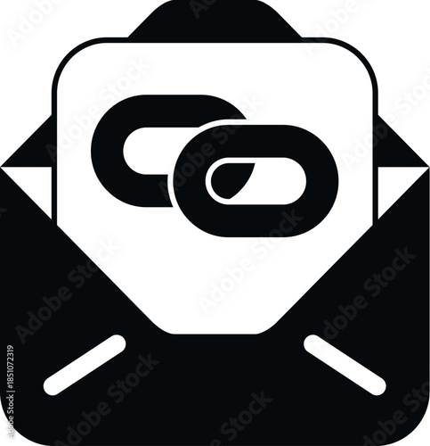 Open email envelope with a hyperlink chain icon black and white on white background