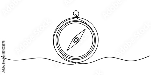 Road compass continuous one line drawing on white background minimalist travel outline vector illustration, Magnetic compass continuous one line drawing. Land, sea, navigation, geography compass