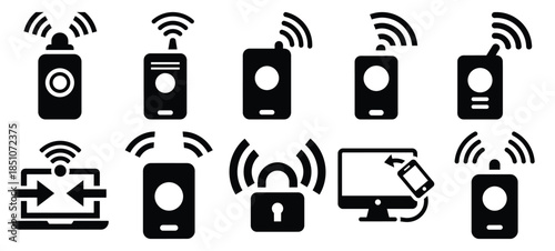 Technology silhouette icon set with remote access