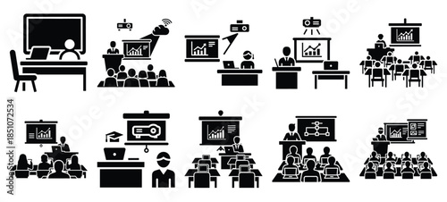 Technology silhouette icon set with smart classroom