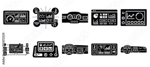 Technology silhouette icon set with smart dashboard