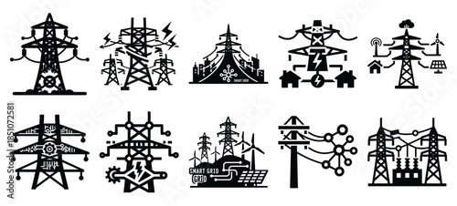 Technology silhouette icon set with smart grid