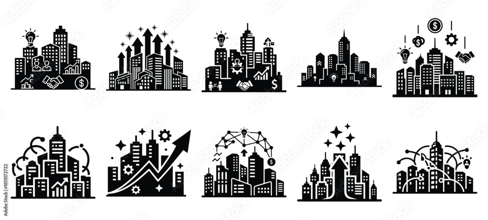 Obraz premium Technology silhouette icon set with startup ecosystem