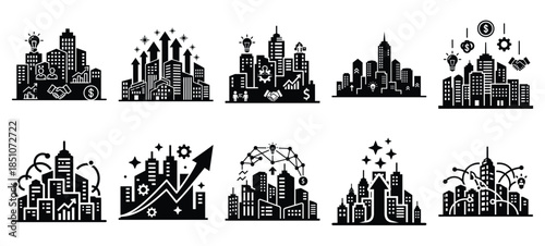 Technology silhouette icon set with startup ecosystem