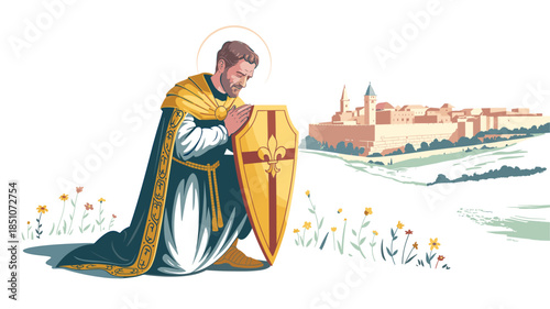 Saint kneeling in prayer with shield and cityscape background