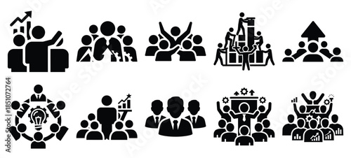 Technology silhouette icon set with team productivity