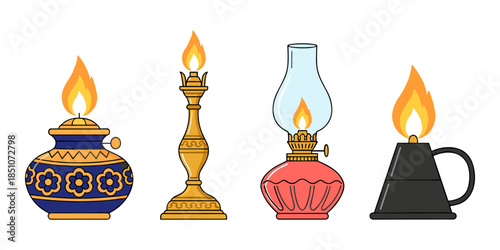 Vintage oil lamps and antique lanterns with flames