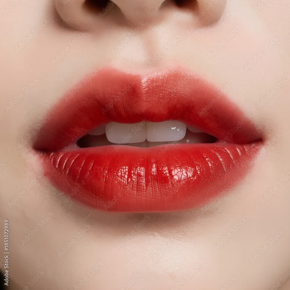 Fototapeta premium Macro Close-Up: Glossy Red Lips on Young Woman, Parted Smile Showing White Teeth — Cosmetic E-commerce Hero Image / Valentine's Beauty Ad
