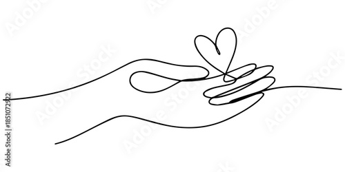Hands holding heart continuous one line art drawing. Charity donation linear symbol.one line icon with with white background, Continuous line drawing of a hand gently holding a heart.
One line drawing