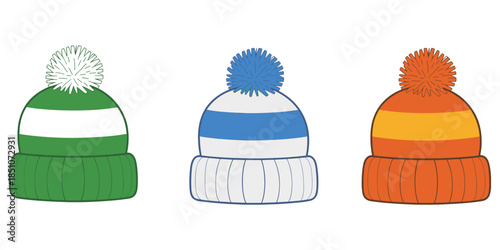 Three Striped Bobble Hats in Green White Blue Silver Orange Yellow Colors winter hat beanie