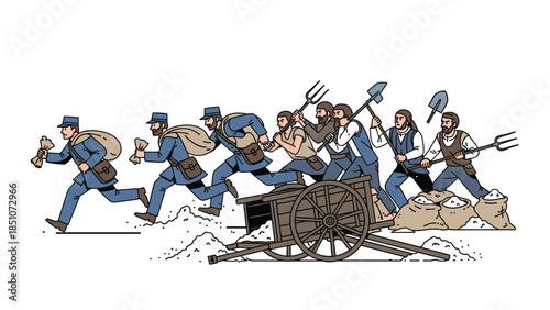 Soldiers and laborers working together to transport heavy loads