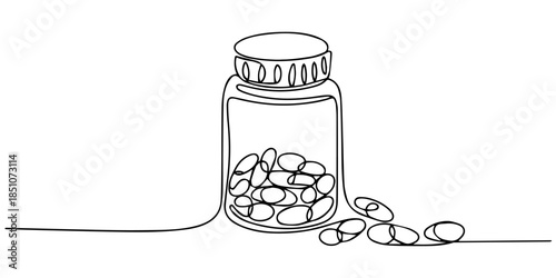 One continuous line drawing of a medicine bottle with spilled pills. Symbol of healthcare treatment, Continuous Line Drawing of Medicine Pills Icon. Hand Drawn Symbol Vector Illustration, Continuous