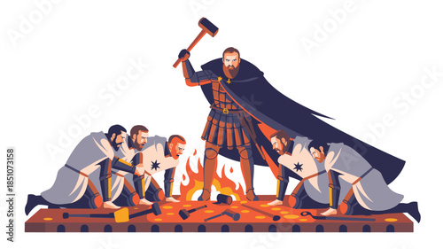 Medieval blacksmith forges sword with apprentices working