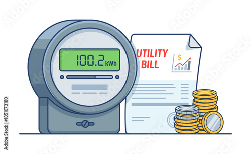Electric meter displaying kwh reading with utility bill and coins