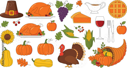Thanksgiving holiday vector icon set featuring roasted turkey pumpkins cornucopia and autumn harvest elements for seasonal feast and fall celebration design