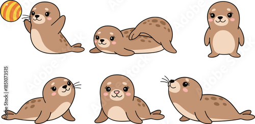 Flat Cartoon Seal Character Vector Set for Kids Nursery Marine Life and Animal Design Themes