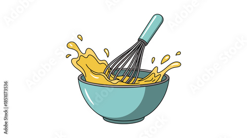 Whisking a vibrant yellow mixture in a light blue bowl, creating a dynamic splash