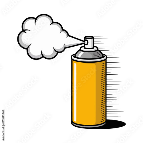 A vibrant yellow spray can releasing a cloud of mist, depicting active use
