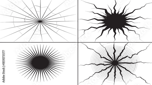 Diverse black and white crack patterns depicting shattered surfaces and impact effects