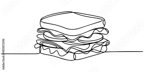 Continuous one single line art of fresh sandwich logo vector graphic art illustration. Hot dog fast food cafe menu and restaurant badge concept, Hot dog one line illustration. Hand drawn doodle vector