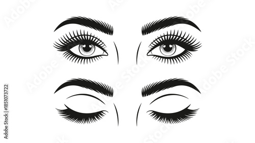 Open and closed female eyes with long eyelashes and perfectly shaped eyebrows