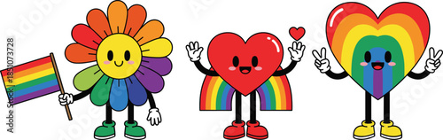 Set of cute pride month mascot characters featuring rainbow flower with flag and smiling rainbow hearts for LGBTQ inclusivity events and social media branding