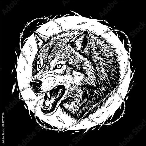 Aggressive Wolf Head Detailed Drawing with Barbed Wire Illustration