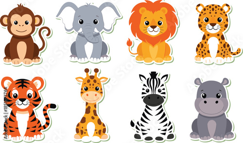 Set of cute safari animal stickers featuring cartoon monkey elephant lion leopard tiger giraffe zebra and hippo for kids nursery decor and educational scrapbooking