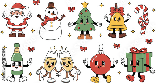 Set of cute Christmas mascot characters featuring vintage style Santa Claus snowman Christmas tree and festive ornaments for holiday greeting card design