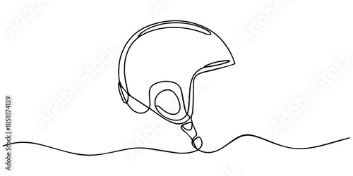 Continuous one line drawing of ski helmet. Sport, ski, winter, protection concept. Editable stroke vector, Continuous one line of a ski helmet with protective details, representing winter safety gear