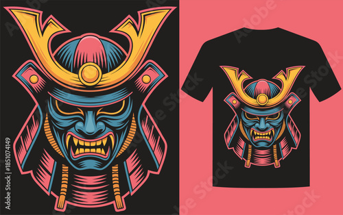 A striking depiction of a samurai helmet design prominently featured on a black t shirt mockup for apparel branding

