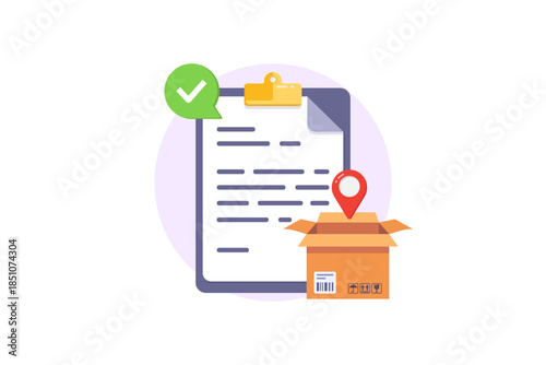 vector illustration of Document Verification With Package Box, Location Pin, And Checkmark For Logistics And Delivery Process.