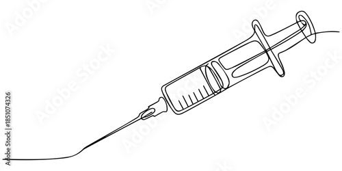Syringe icon continuous one line drawing minimalist outline illustration, One continuous line drawing of medicine set with syringe and vial, Medical syringe and medicine vial. Pharmaceutical component