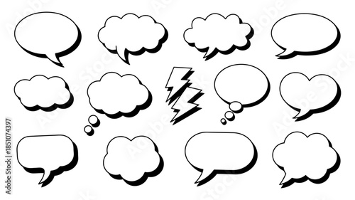 A diverse collection of hand-drawn speech and thought bubbles with a striking lightning bolt symbol