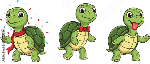Flat Cartoon Turtle Animal Vector Set for Kids Mascot Celebration and Character Design