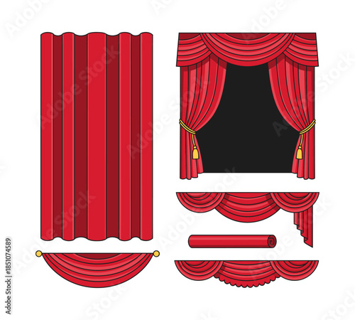 Red theater stage curtains vector set