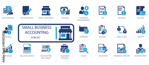 small business accounting icon set featuring finance, bookkeeping, tax, payroll, and audit symbols. modern blue flat design for corporate financial management.