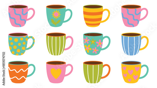 Colorful Coffee Mugs Vector Set with Decorative Patterns and Unique Cup Designs for Editable Illustrations, Cafe Branding, Kitchen Decor, and Beverage Artwork