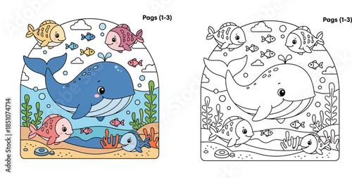 Cute cartoon blue whale swimming with colorful fish underwater, happy marine life characters in ocean background vector illustration for kids