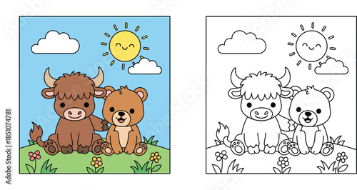 Cute cartoon baby yak and little brown bear sitting together on green grass