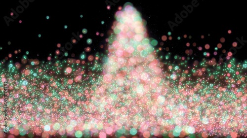 Christmas-themed glowing bokeh lights in pink, green and white forming a tree shape against black background. Festive holiday decor ideal for wallpaper, poster or seasonal celebration display.