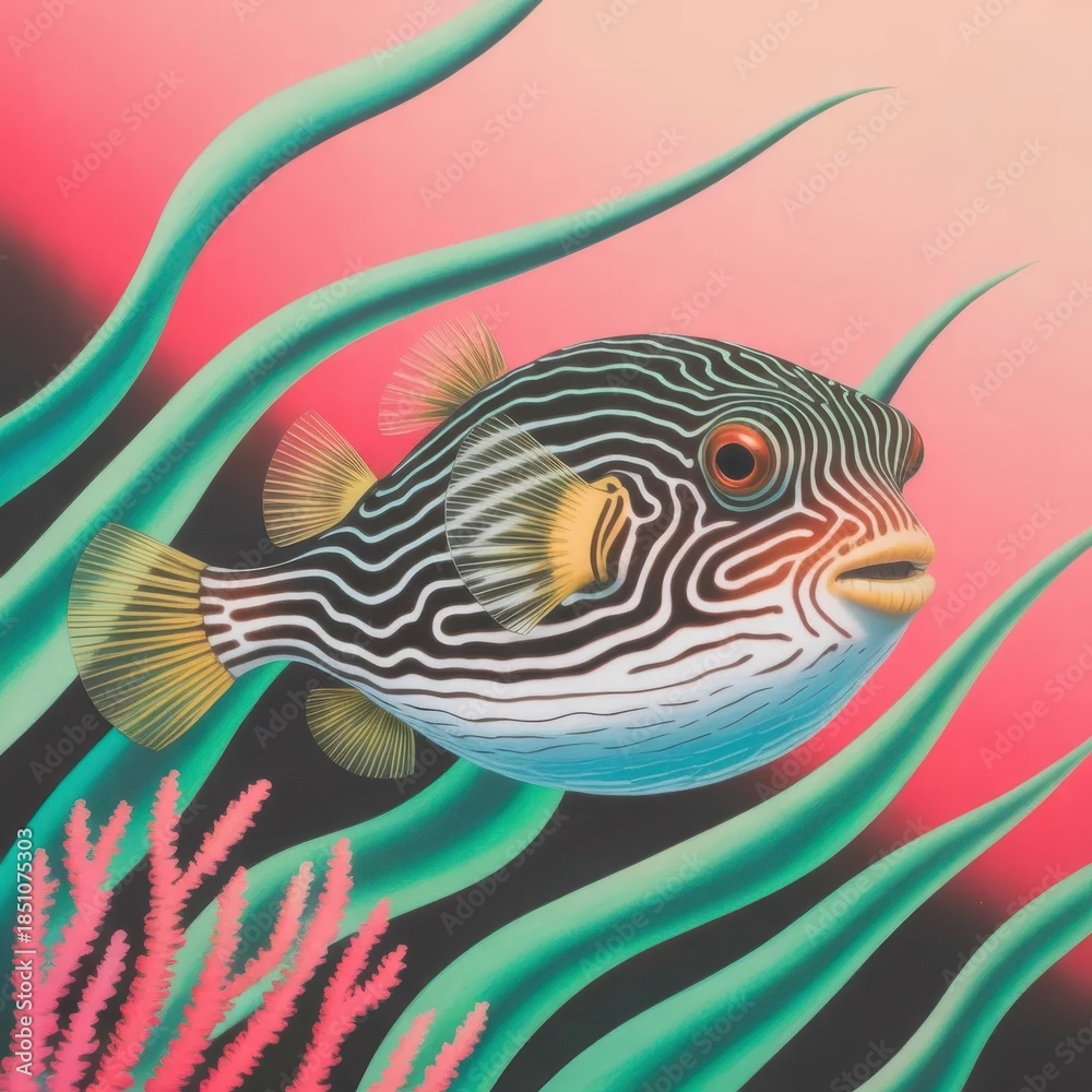Obraz premium Zebra-striped pufferfish vector — pastel nursery art for kids' room